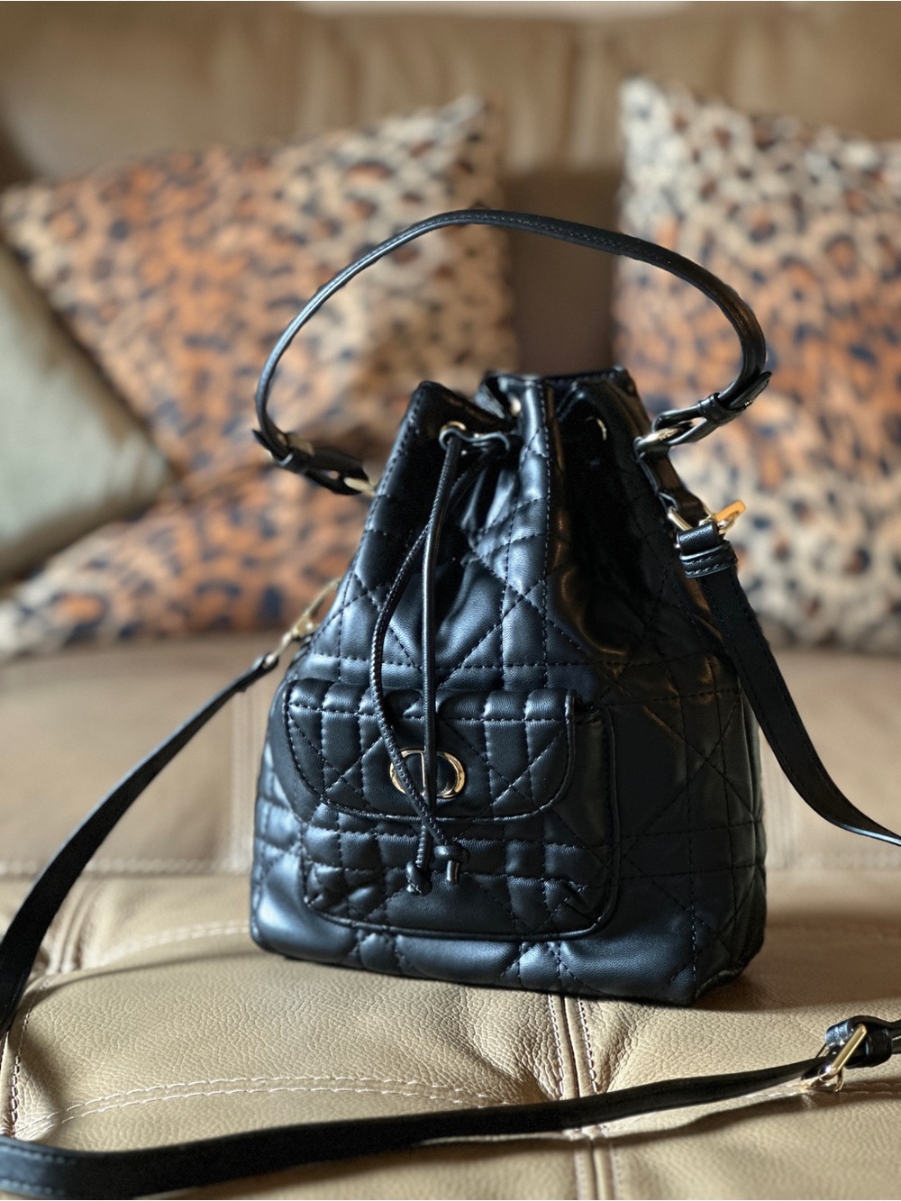 Designer-Style Quilted Bucket Bag in Black